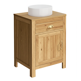 Trafalgar 600mm Solid Oak Vanity Unit with Brushed Brass Handles & Gloss White Round Basin