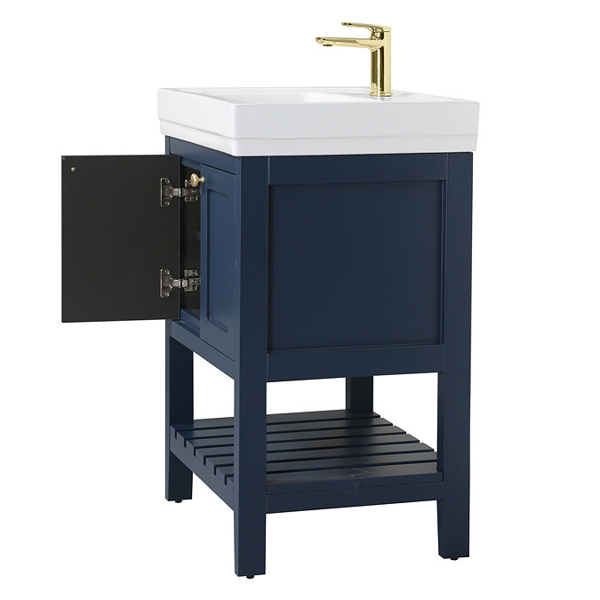 Trafalgar 610mm Blue Vanity & Toilet Suite with Brushed Brass Handles & Soft Close Seat