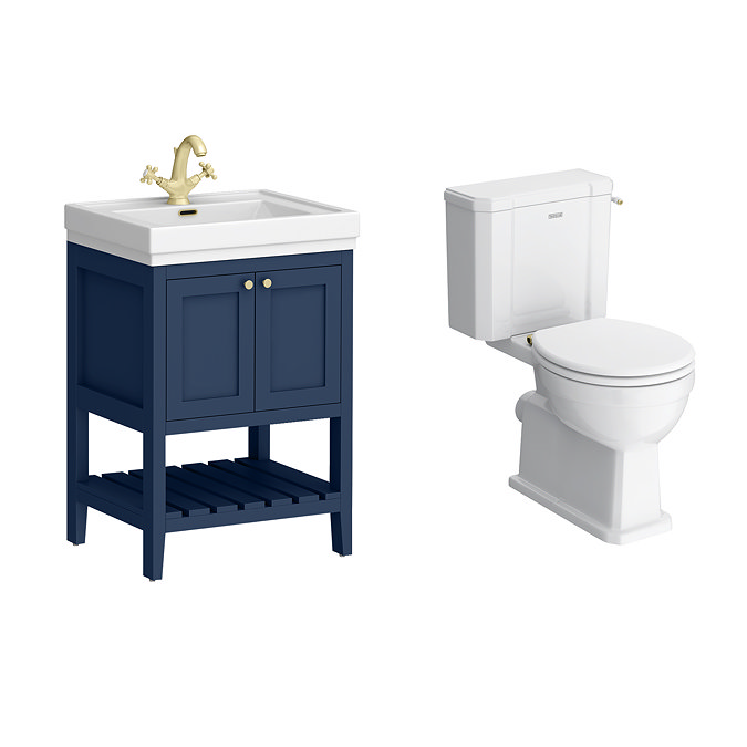 Trafalgar 610mm Blue Vanity & Toilet Suite with Brushed Brass Handles & Soft Close Seat