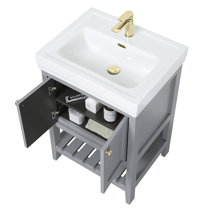 Trafalgar 610mm Grey Vanity & Toilet Suite with Brushed Brass Handles & Soft Close Seat