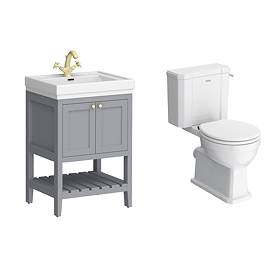 Trafalgar 610mm Grey Vanity & Toilet Suite with Brushed Brass Handles & Soft Close Seat
