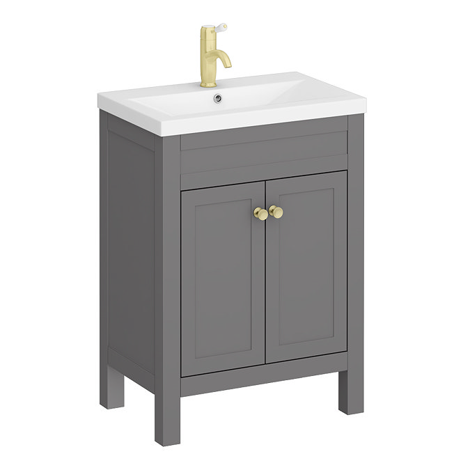 Trafalgar 610mm Grey Vanity Unit with Brushed Brass Handles Large Image