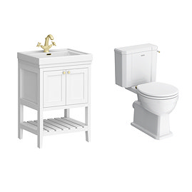 Trafalgar 610mm White Vanity & Toilet Suite with Brushed Brass Handles & Soft Close Seat