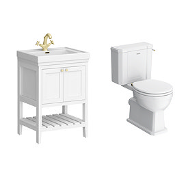 Trafalgar 610mm White Vanity & Toilet Suite with Brushed Brass Handles & Soft Close Seat
