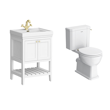 Trafalgar 610mm White Vanity & Toilet Suite with Brushed Brass Handles & Soft Close Seat