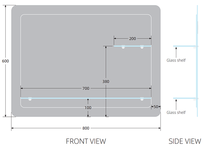 Trafalgar 800 x 600mm Rectangular Bevelled Bathroom Mirror with 2 x Glass Shelves