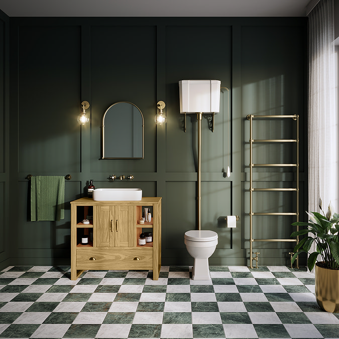 Trafalgar 900mm Solid Oak Vanity Unit with Antique Brass Handles & Gloss White Rectangular Basin