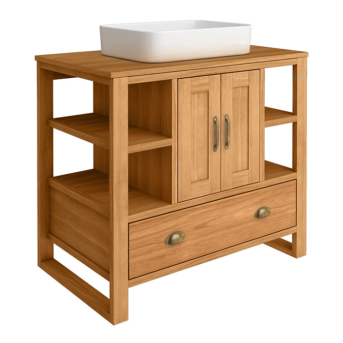 Trafalgar 900mm Solid Oak Vanity Unit with Antique Brass Handles & Gloss White Rectangular Basin