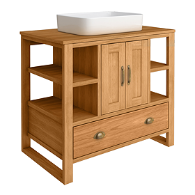 Trafalgar 900mm Solid Oak Vanity Unit with Antique Brass Handles & Gloss White Rectangular Basin