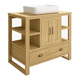 Trafalgar 900mm Solid Oak Vanity Unit with Antique Brass Handles & Gloss White Rectangular Basin