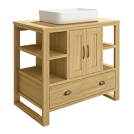 Trafalgar 900mm Solid Oak Vanity Unit with Antique Brass Handles & Gloss White Rectangular Basin