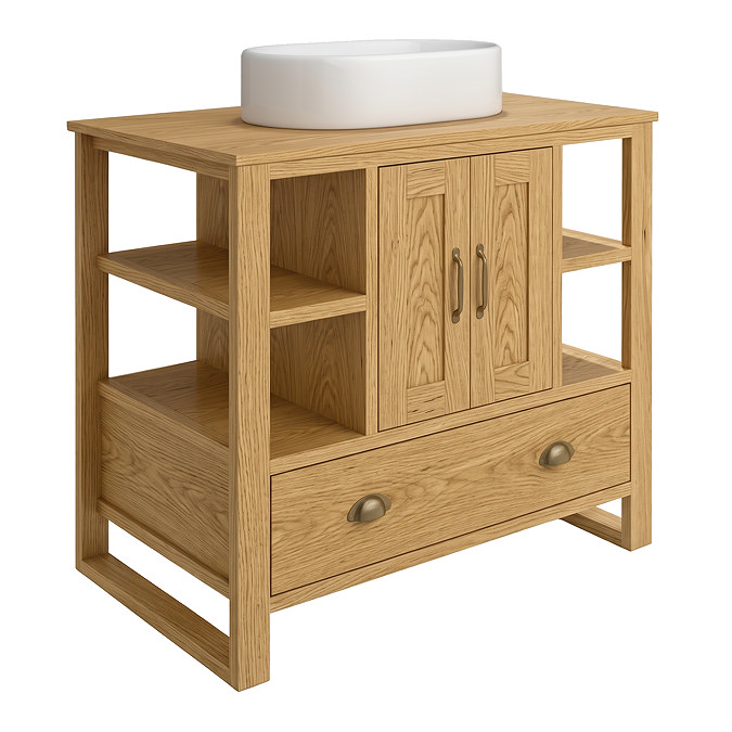 Trafalgar 900mm Solid Oak Vanity Unit with Antique Brass Handles & Gloss White Semi-Oval Basin