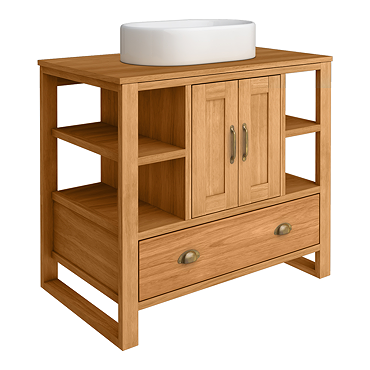 Trafalgar 900mm Solid Oak Vanity Unit with Antique Brass Handles & Gloss White Semi-Oval Basin