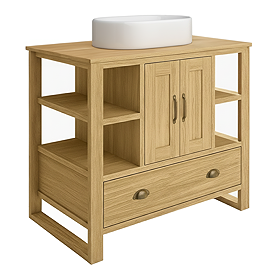 Trafalgar 900mm Solid Oak Vanity Unit with Antique Brass Handles & Gloss White Semi-Oval Basin