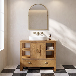 Trafalgar 900mm Solid Oak Vanity Unit with Antique Brass Handles & Gloss White Semi-Oval Basin