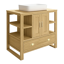 Trafalgar 900mm Solid Oak Vanity Unit with Brushed Brass Handles & Gloss White Rectangular Basin