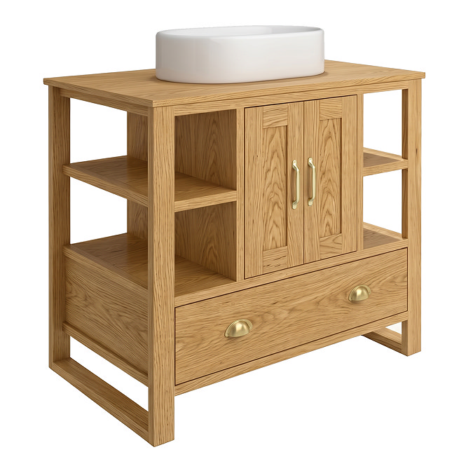 Trafalgar 900mm Solid Oak Vanity Unit with Brushed Brass Handles & Gloss White Semi-Oval Basin