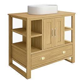 Trafalgar 900mm Solid Oak Vanity Unit with Brushed Brass Handles & Gloss White Semi-Oval Basin