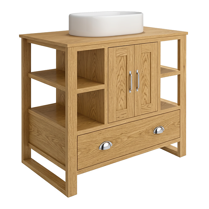 Trafalgar 900mm Solid Oak Vanity Unit with Chrome Handles & Gloss White Semi-Oval Basin