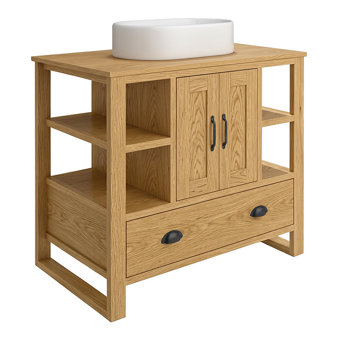 Trafalgar 900mm Solid Oak Vanity Unit with Matt Black Handles & Gloss White Semi-Oval Basin