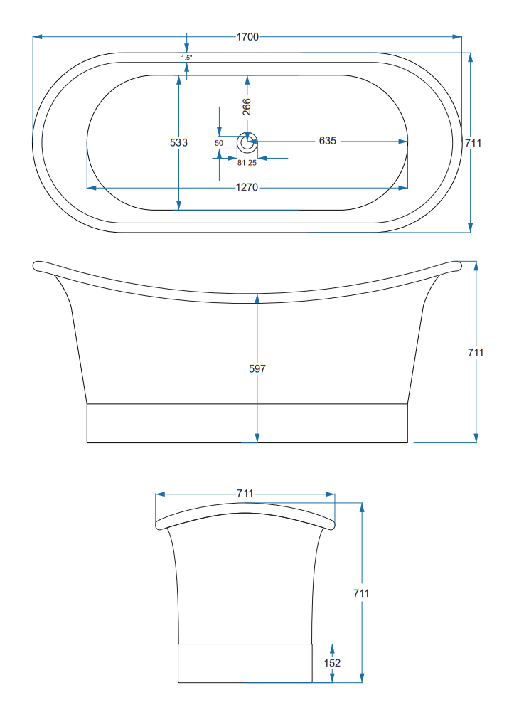 Trafalgar Antique Brass 1700 x 710mm Double Ended Roll Top Slipper Bath