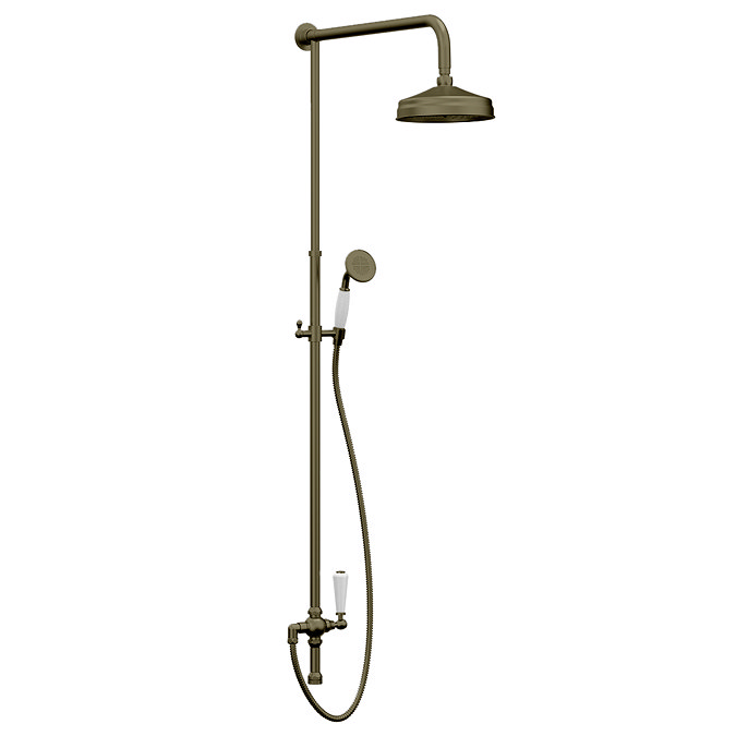 Trafalgar Antique Brass Dual Exposed Shower Valve with Rigid Riser Kit, 200mm Round Apron Head, Handshower & Diverter