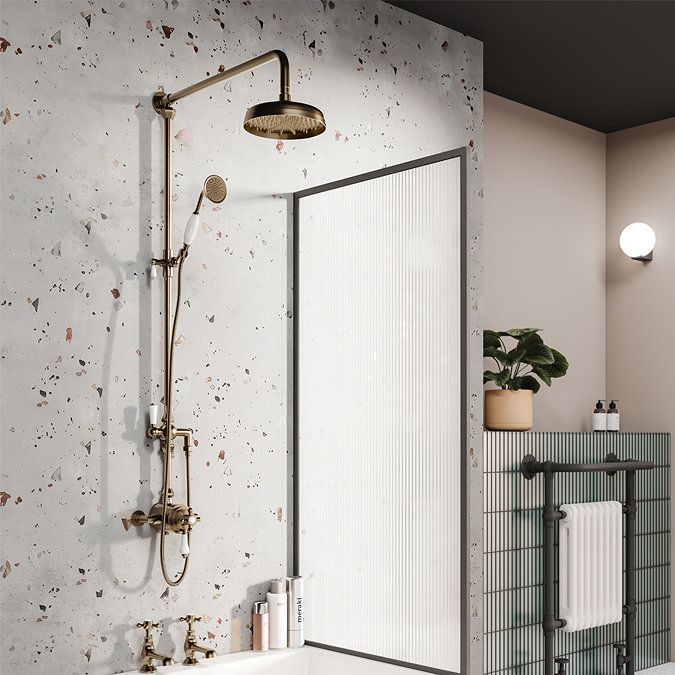 Trafalgar Antique Brass Dual Exposed Shower Valve with Rigid Riser Kit, 200mm Round Apron Head, Handshower & Diverter