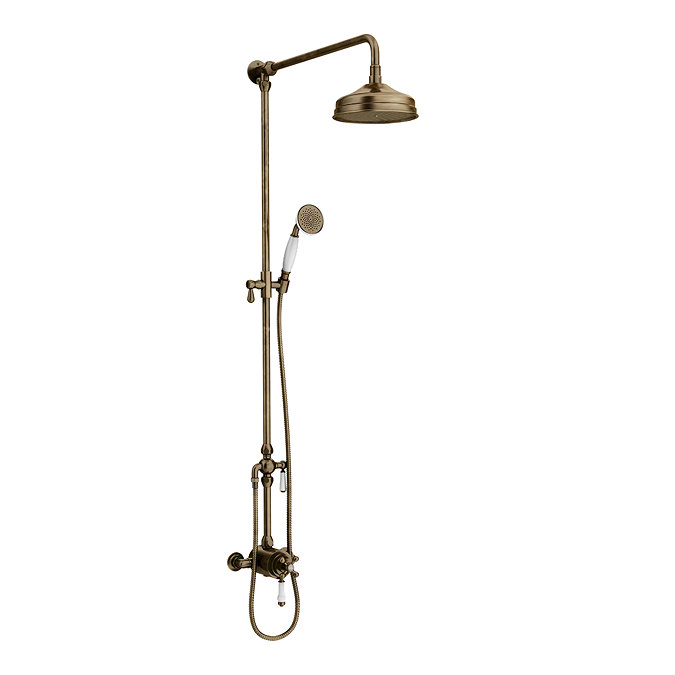 Trafalgar Antique Brass Dual Exposed Shower Valve with Rigid Riser Kit, 200mm Round Apron Head, Handshower & Diverter