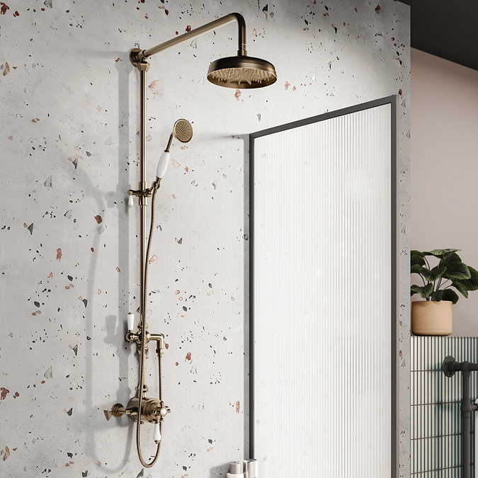 Trafalgar Antique Brass Dual Exposed Shower Valve with Rigid Riser Kit, 200mm Round Apron Head, Handshower & Diverter