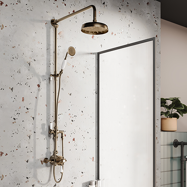 Trafalgar Antique Brass Dual Exposed Thermostatic Valve with Rigid Riser Kit, 200mm Shower Head, Handshower & Diverter