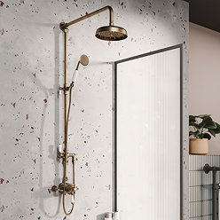 Trafalgar Antique Brass Dual Exposed Shower Valve with Rigid Riser Kit, 200mm Round Apron Head, Handshower & Diverter