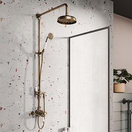 Trafalgar Antique Brass Dual Exposed Shower Valve with Rigid Riser Kit, 200mm Round Apron Head, Handshower & Diverter