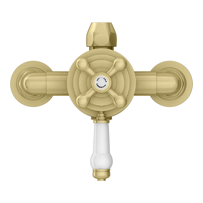 Trafalgar Brushed Brass Dual Exposed Shower Valve with Rigid Riser Kit, 195mm Round Head, Handshower & Diverter