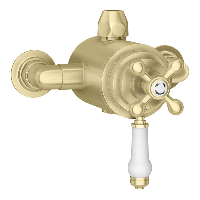 Trafalgar Brushed Brass Dual Exposed Shower Valve with Rigid Riser Kit, 195mm Round Head, Handshower & Diverter