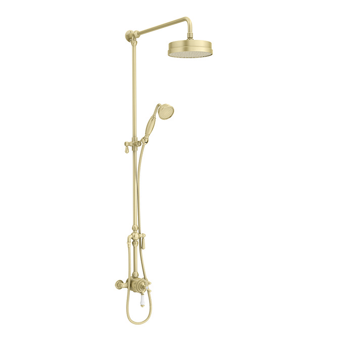 Trafalgar Brushed Brass Dual Exposed Shower Valve with Rigid Riser Kit, 195mm Round Head, Handshower & Diverter