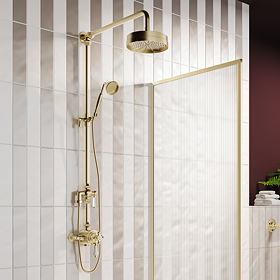 Trafalgar Brushed Brass Dual Exposed Shower Valve with Rigid Riser Kit, 195mm Round Head, Handshower & Diverter