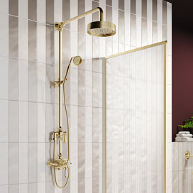 Trafalgar Brushed Brass Dual Exposed Shower Valve with Rigid Riser Kit, 195mm Round Head, Handshower & Diverter