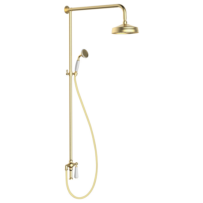 Trafalgar Brushed Brass Dual Exposed Thermostatic Valve with Rigid Riser Kit, 200mm Shower Head, Handshower & Diverter