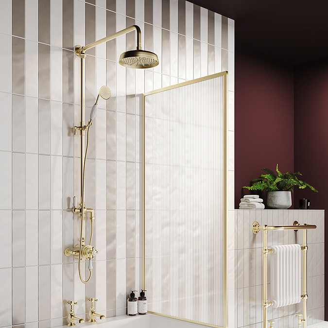 Trafalgar Brushed Brass Dual Exposed Shower Valve with Rigid Riser Kit, 200mm Round Apron Head, Handshower & Diverter