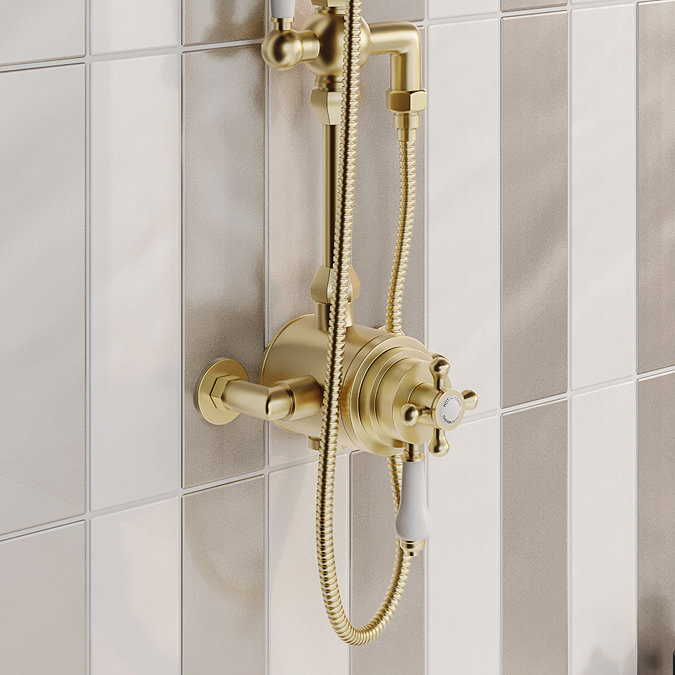 Trafalgar Brushed Brass Dual Exposed Shower Valve with Rigid Riser Kit, 200mm Round Apron Head, Handshower & Diverter