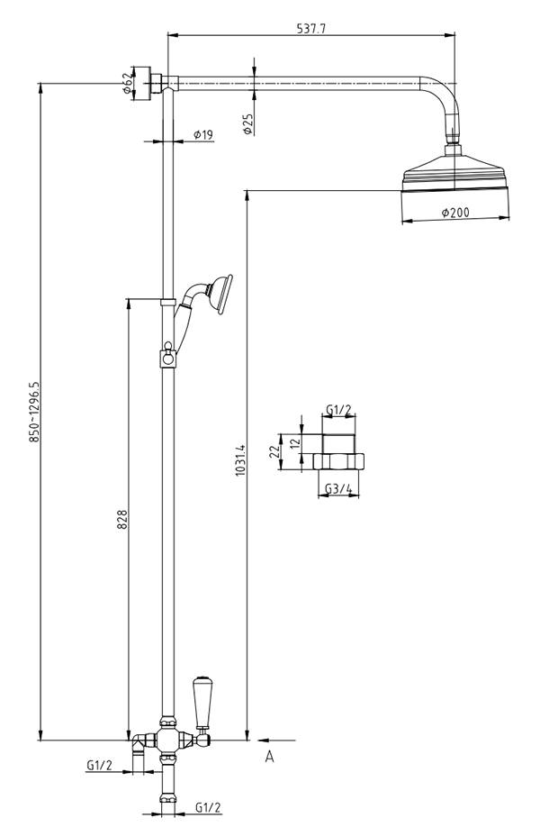 Trafalgar Brushed Brass Dual Exposed Shower Valve with Rigid Riser Kit, 200mm Round Apron Head, Handshower & Diverter