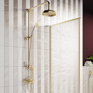 Trafalgar Brushed Brass Dual Exposed Thermostatic Valve with Rigid Riser Kit, 200mm Shower Head, Handshower & Diverter