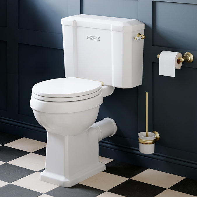 Trafalgar Close Coupled Traditional Toilet – White Ceramic WC with Brushed Brass Flush & Soft Close Seat