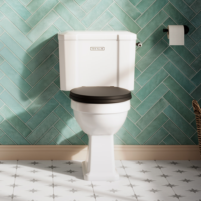 Trafalgar Close Coupled Traditional Toilet - White Ceramic WC with Matt Black Flush & Soft Close Seat