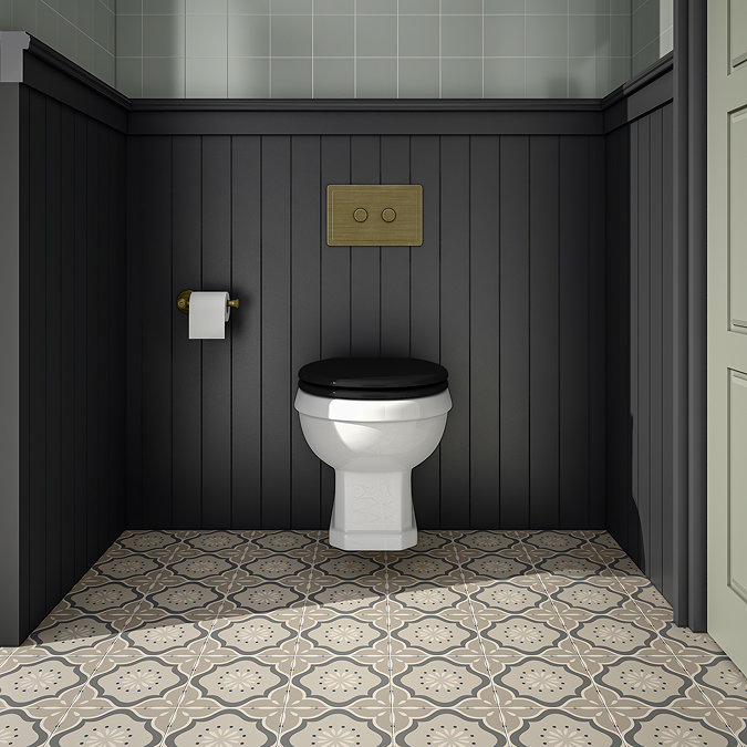 Trafalgar Compact Wall‑Hung Toilet Frame – Top/Front Flush with Dual‑Flush Cistern & Antique Brass 2‑Button Plate