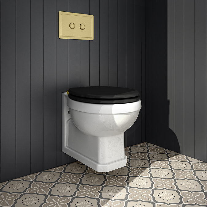 Trafalgar Compact Wall‑Hung Toilet Frame – Top/Front Flush with Dual‑Flush Cistern & Brushed Brass 2‑Button Plate