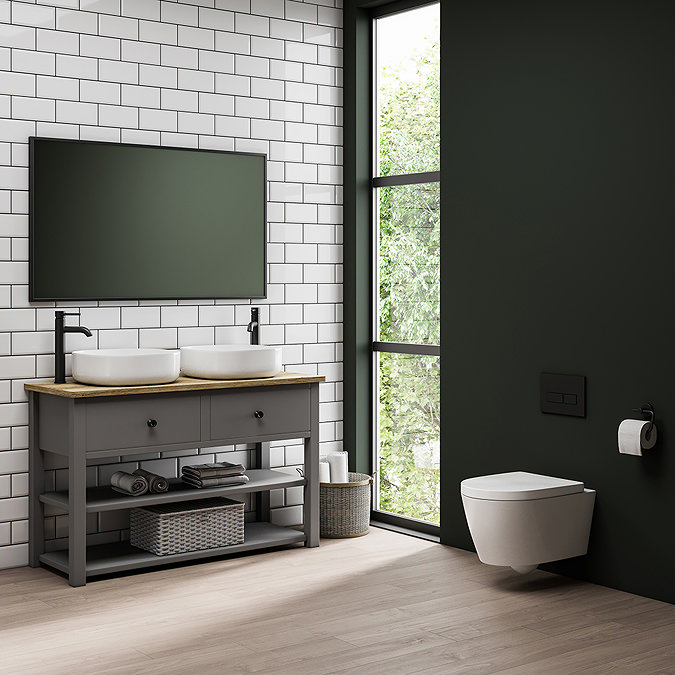 Trafalgar Countertop Basin Unit - Grey incl. Matt Black Handles - 1240mm with 2 x Curved Square Basins In Bathroom Large Image