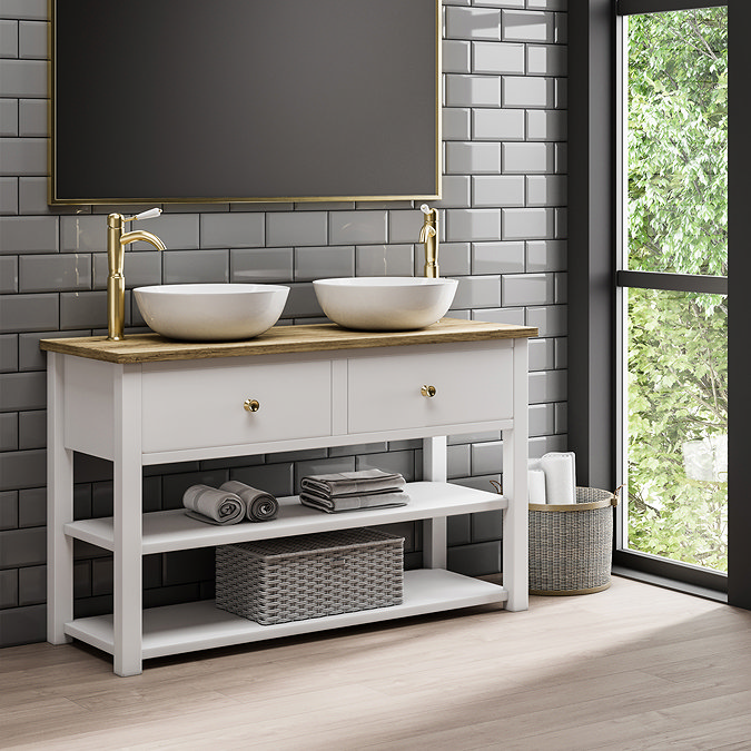 Trafalgar Countertop Basin Unit - White incl. Brushed Brass Handles - 1240mm with 2 x Round Basins L