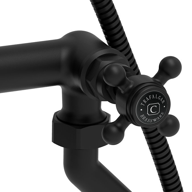 Trafalgar Crosshead Deck Mounted Bath Shower Mixer & Shower Kit Matt Black & Black Indices