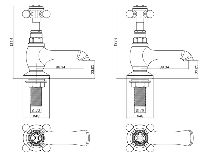 Trafalgar Crosshead Pillar Basin Taps (Pair) Chrome